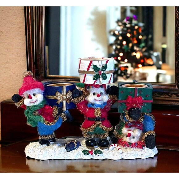 Snowman Candle Stick Holders 4" Tall x 5.5" Long x 2" Wide - Picture 1 of 9